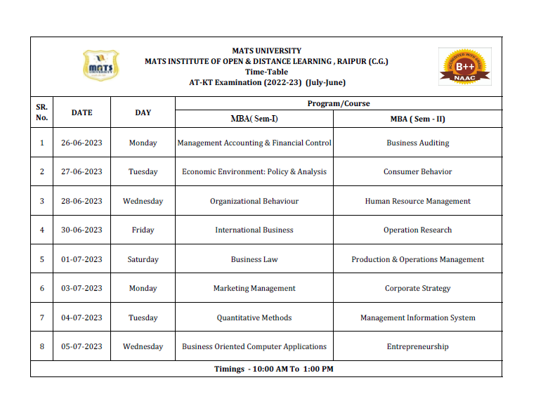 Exam Time Table - MATS University, Get Enrolled In The Best University ...